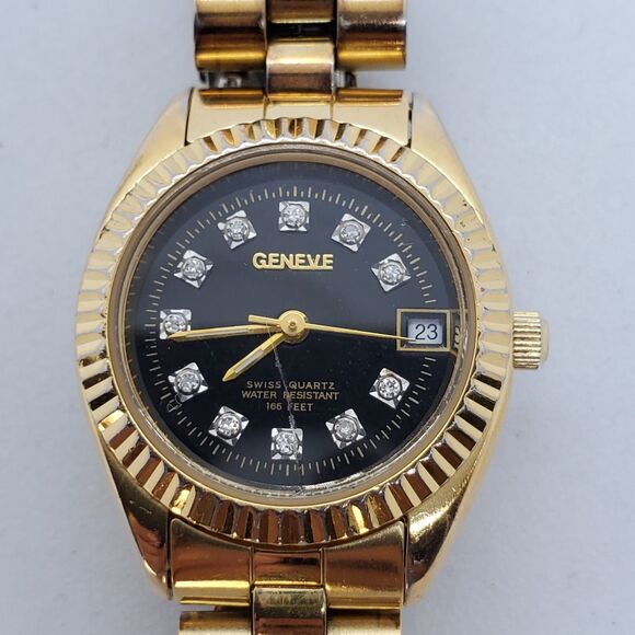VTG‎ GENEVE Women\'s Watch 25MM Gold Case Bracelet Black Dial Date 7\